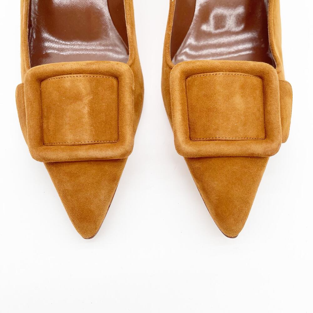 Manolo Blahnik Maysale Camel Tan Suede Buckle Pointed Toe Kitten Heels IT 40.5 - Picture 6 of 10